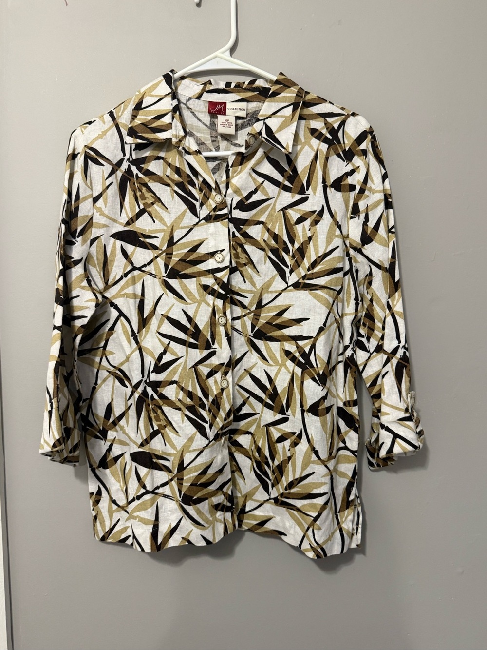 JM Collection White Button-Front Shirt with Tan and Black Leaf Print